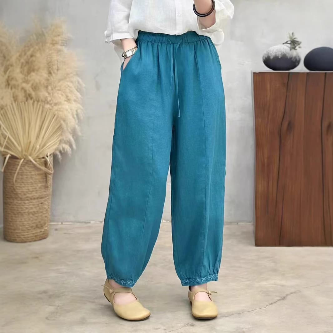 Vintage Artistic Pure Linen Lace-Up Hem Casual Pants 2025 New Loose Patchwork Women's Straight Leg Pants