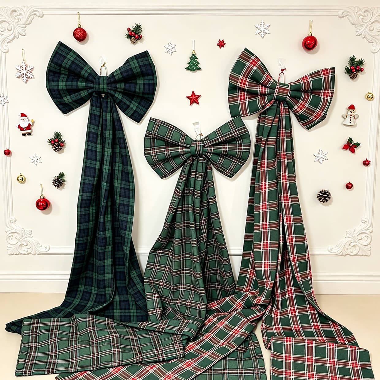 Cross-border Christmas decoration three-dimensional plaid cloth bow Christmas tree festival decoration long tail bow factory