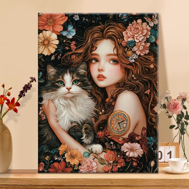 Meow Healing Garden | DIY Digital Oil Painting Acrylic Fill Hand-Painted Girl with Cat Therapeutic Stress Relief Oil Color Coloring Art
