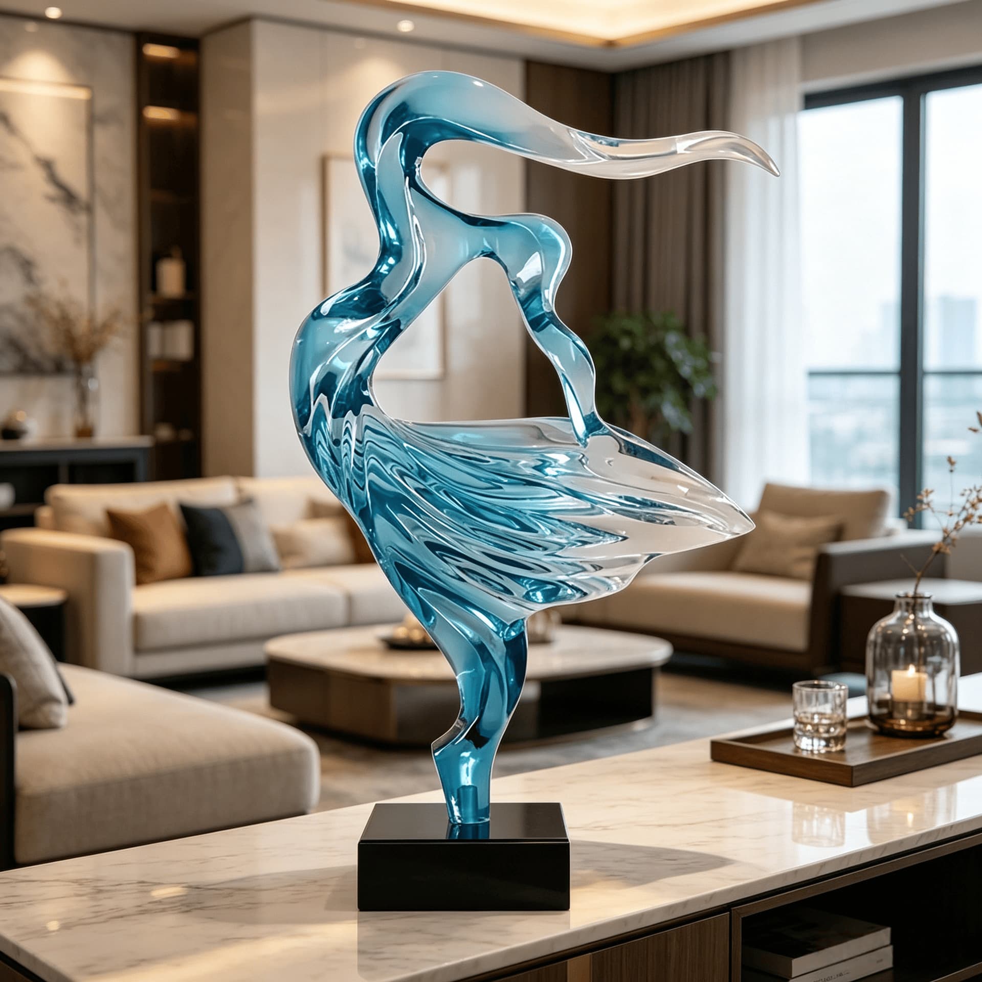 Luxury Transparent Resin Dance Sculpture Gradient Blue Abstract Art Decoration for Showroom Hotel Living Room Entryway