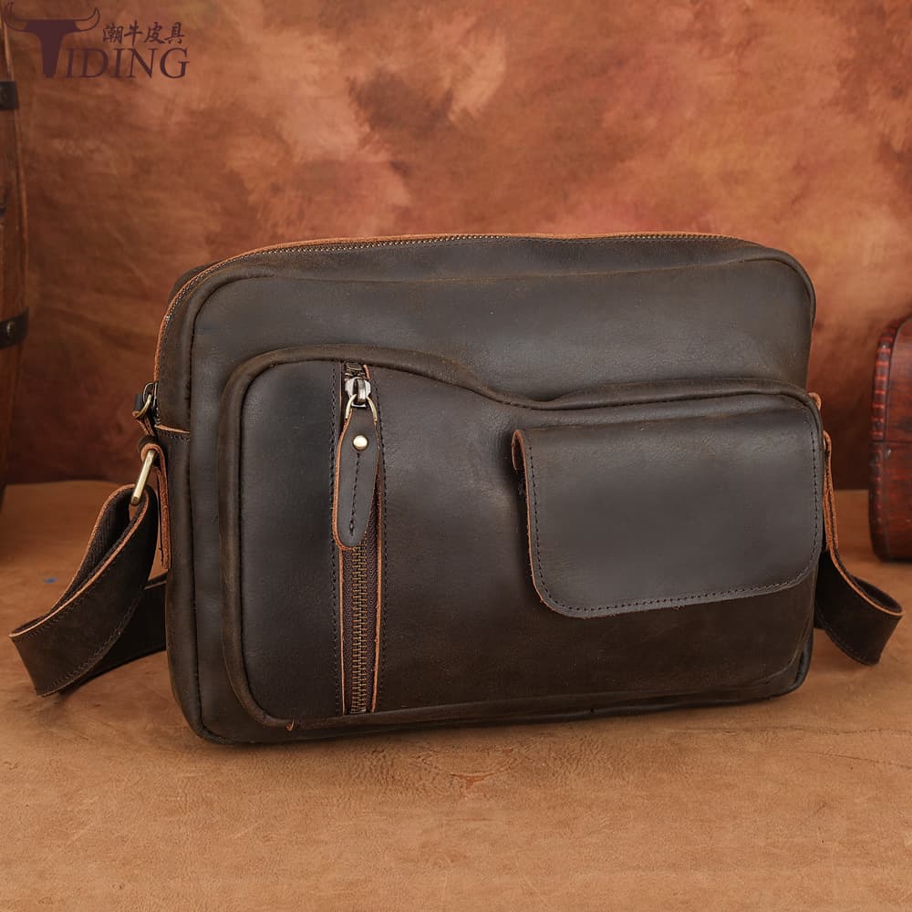 Men's genuine leather crossbody bag, first-layer cowhide, crazy horse leather, retro casual shoulder bag, outdoor new cross-border shoulder bag