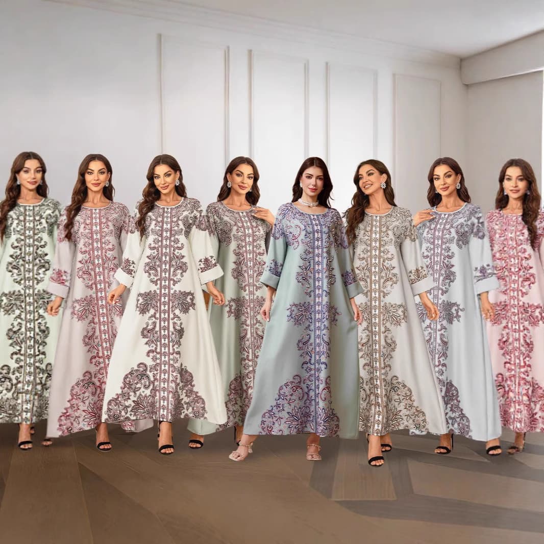 2406 Cross-Border Kaftan High-Density Rhinestone Beaded Printed Women's Long Robe Dress with Rhinestones