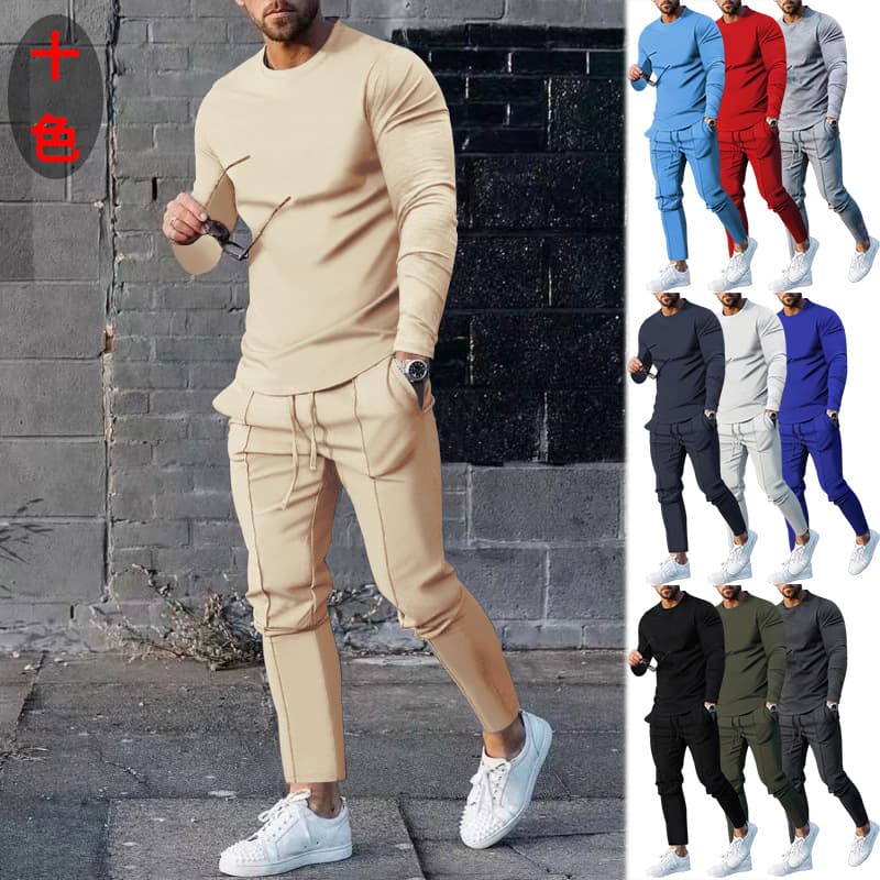 Amazon foreign trade men's clothing 2024 spring two-piece round neck long-sleeved T-shirt trousers solid color casual men's suit