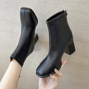 2026 Autumn/Winter New Korean Style Chunky Heel Short Boots for Women, Square Toe, Back Zipper, Fashion Leather High Heel Martin Boots