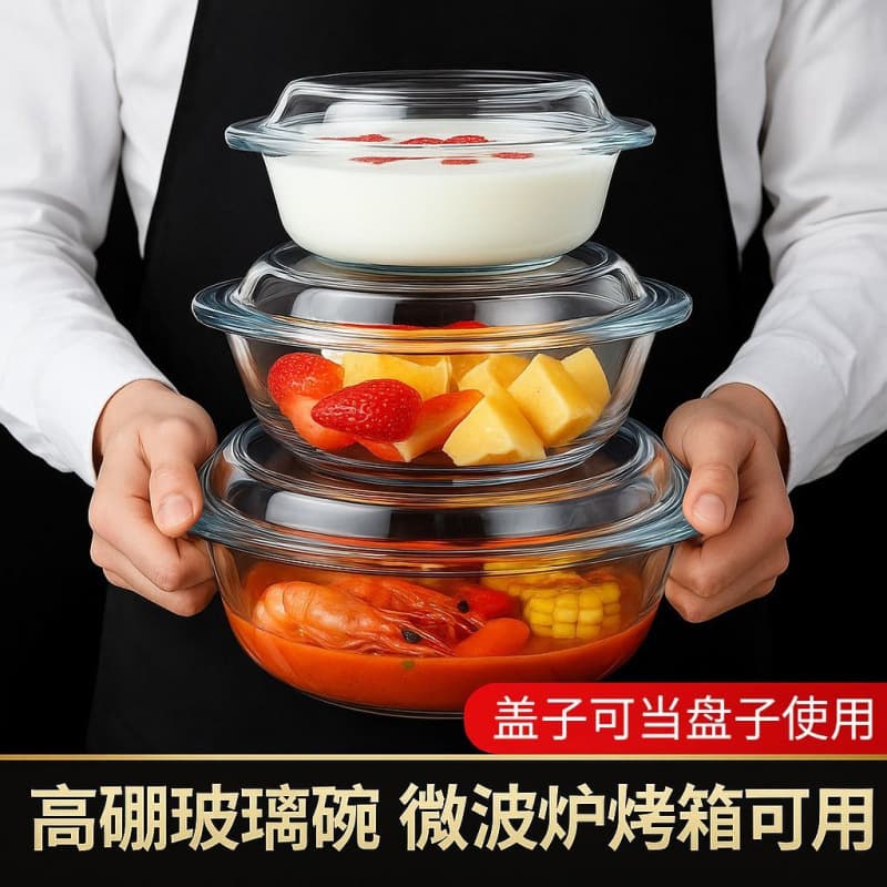 Glass bowl with lid, specialized for microwave heating, heat-resistant household basin, large soup bowl, and steamed egg custard bowl.