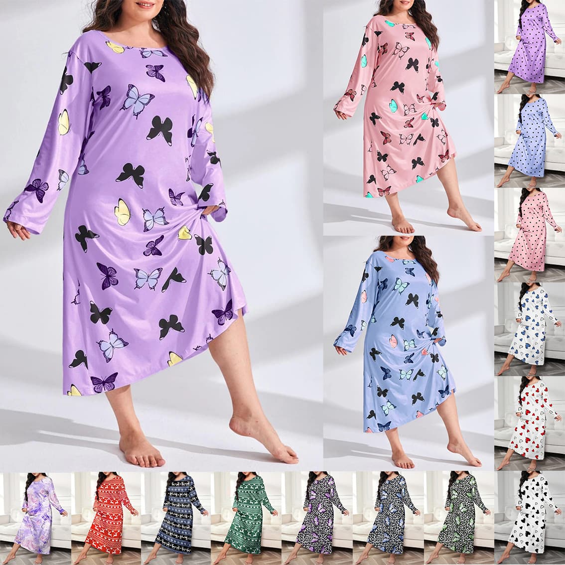 2025 European and American Plus Size Women's Long Sleeve Butterfly Heart Leopard Print Drop Shoulder Long Nightgown Dress