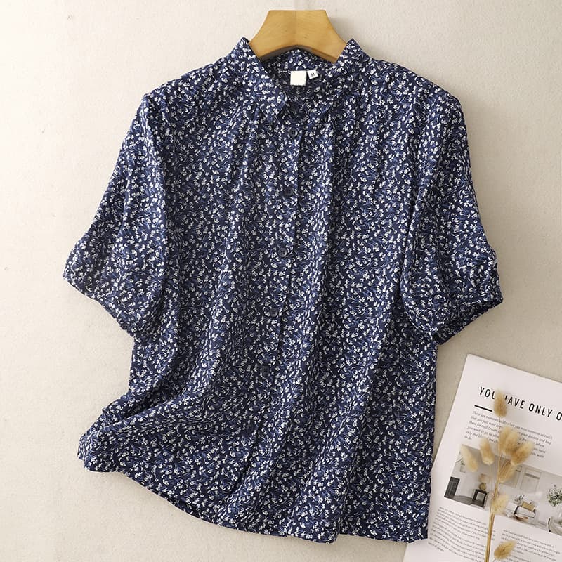 Real shot of forest style pure cotton printed shirt loose slimming top summer retro artistic lapel shirt for women 791#