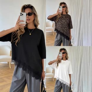 2026 Summer Cross-Border Women's New Fashion Asymmetrical Hem Lace Trim Design Premium T-Shirt Top Elegant Short Sleeve Women