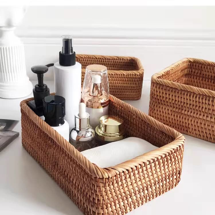 Pure Handmade Vietnamese Rattan Storage Basket for Living Room, Bedroom, Cosmetics Desktop Organizer, Snack and Miscellaneous Storage