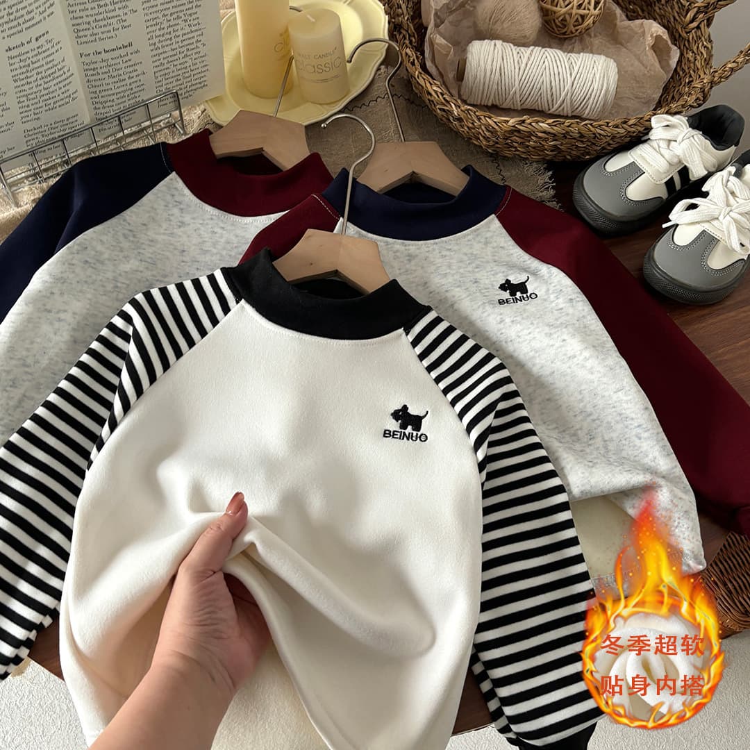 Children's Fleece-Lined Top, Boys and Girls Half-Turtleneck Embroidered Sweatshirt, Thick Fleece-Lined, Autumn and Winter Versatile, Soft Korean Style Long Sleeve
