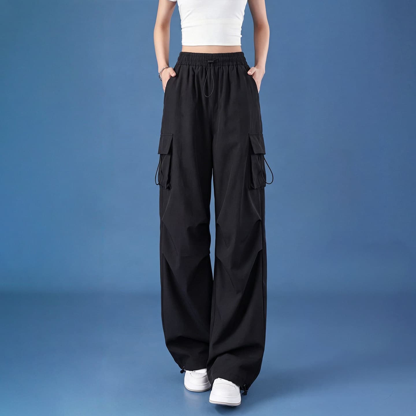 Black Ice Silk Sports Pants for Women, Summer Thin Straight Loose Wide-Leg Hiking Pants, Outdoor Quick-Dry Work Pants