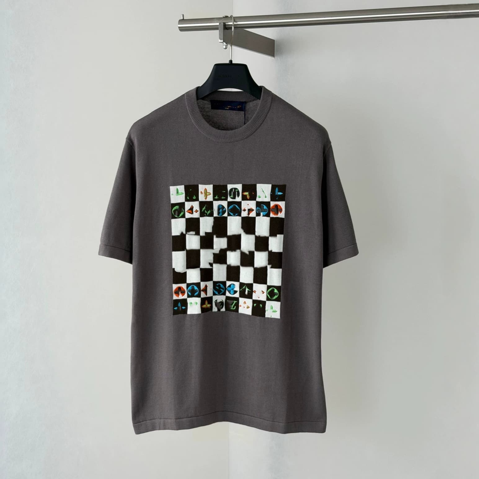 Correct version 27SS Lujia new checkerboard color embroidered knitted short-sleeved men's and women's round neck loose casual T-shirt