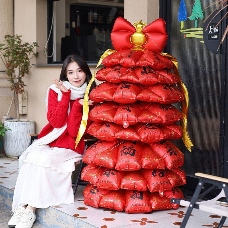 New Year Tree Decorations with Paper Cards for Wishes and Blessings, Spring Festival Party Decoration Background Setup, Aluminum Foil Balloons, Inflatable