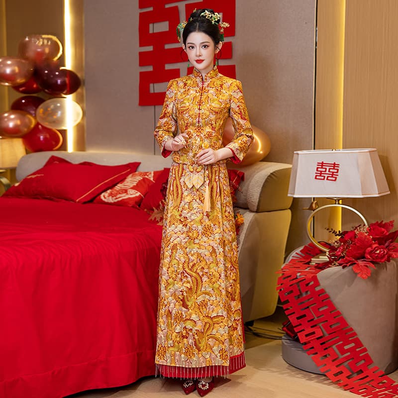 2025 New Bride's Xiuhe Suit, Dragon and Phoenix Gold Wedding Dress, Banquet and Departure Attire, Wedding Gown