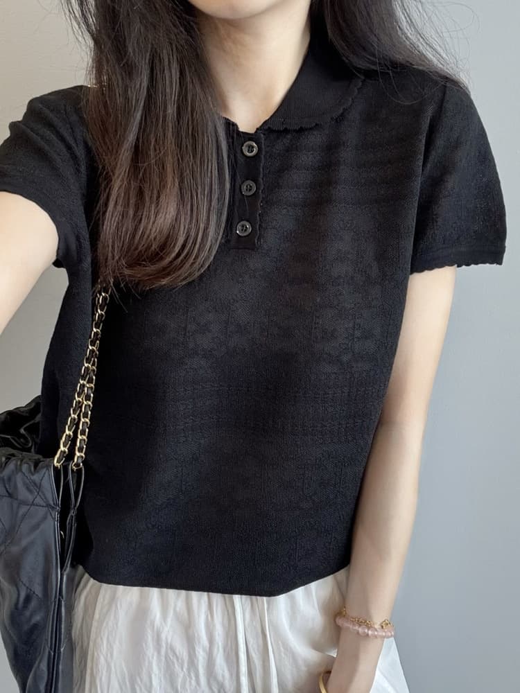 Warm Maple Clothing Factory / Youthful-Looking Knit Top! Exquisite Jacquard Polo Collar Short-Sleeve Knit T-Shirt for Women in Summer