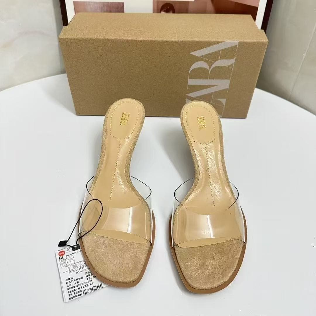 ZA2025 Summer Sandals for Women, Open Back Stiletto Heel Transparent One-Strap Sandals with Crystal Heel