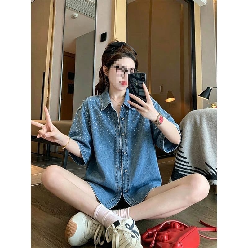 Extra Large 300lb Rhinestone Washed Denim Loose-Fitting Jacket for Women, Denim Blue, Youth Style, Domestic First and Second Tier Wholesale