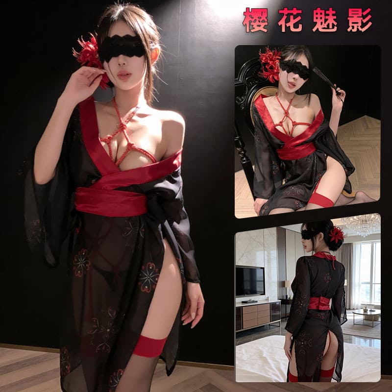 Sexy Japanese-style Lingerie Pure Desire Non-Removable Kimono Uniform Printed Sleepwear Black Kimono Role Play 1344