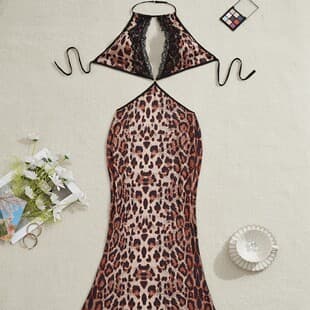 Lace-up Long Nightgown Leopard Print Slimming Sleepwear Back Hollow Tie Design Night Dress Factory Wholesale