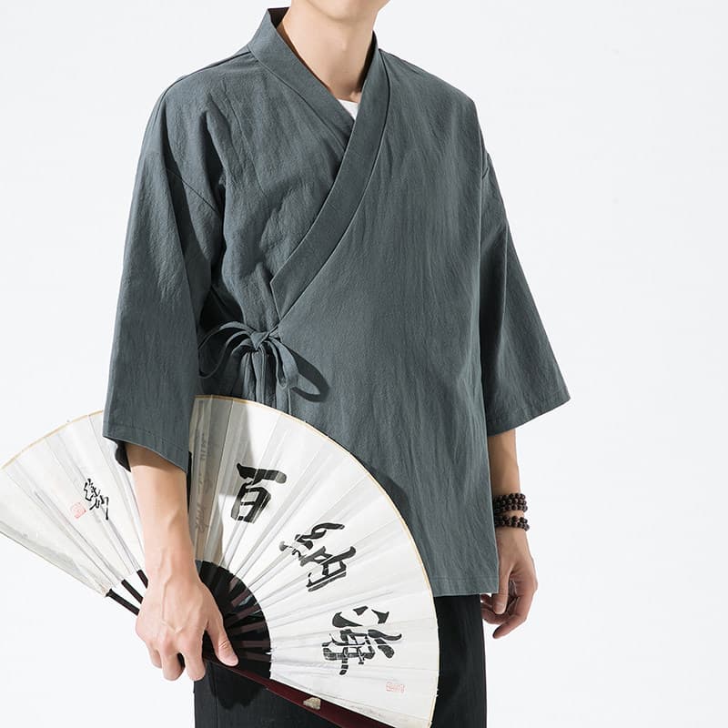 Seven-Quarter Sleeve Hanfu Men's Ancient Style Side-Opening Chinese Style Taoist Robe Plain Pastoral Lay Buddhist Zen Traditional Cultural Outerwear