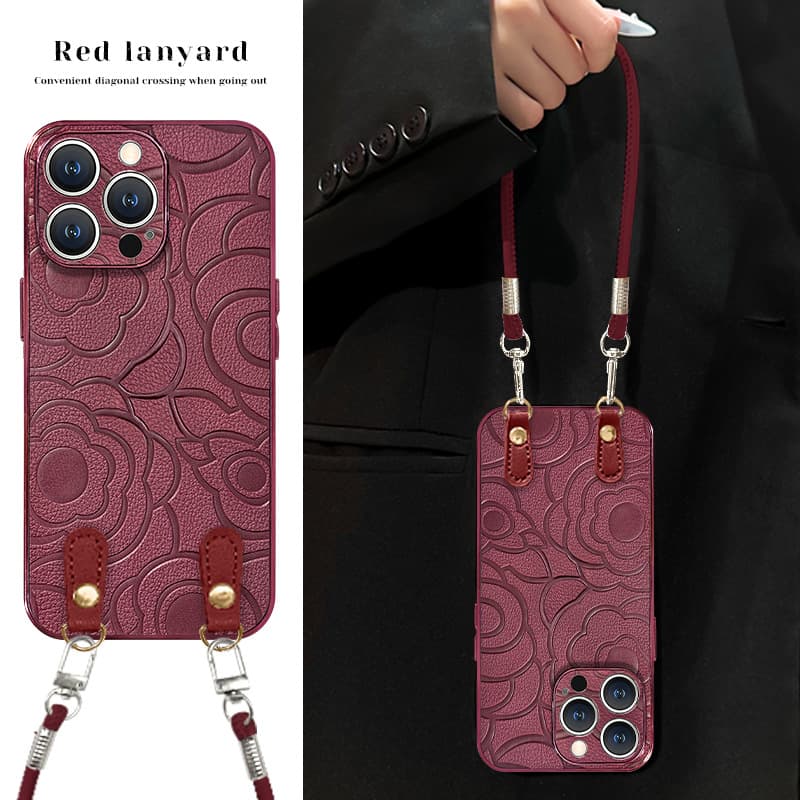 Camellia Leather Texture Lanyard Compatible with Apple 16 Pro Max Phone Case iPhone 14 Premium 15 Electroplated Sheepskin