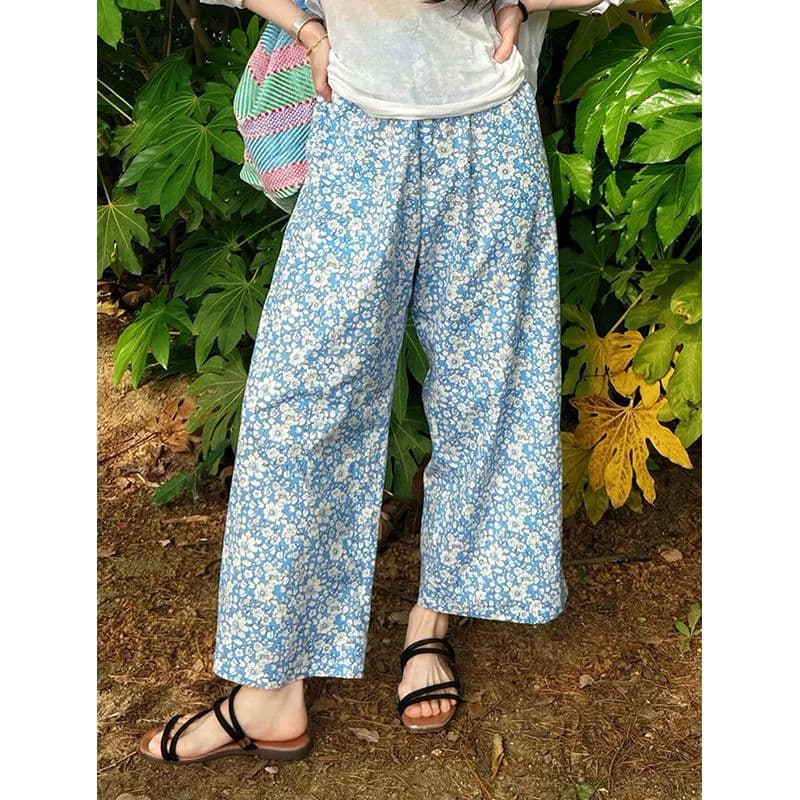 Korean Pastoral Floral Print Casual Pajama Pants for Women, New Summer High-Waist Loose Wide-Leg Pants, Homewear Long Pants Suitable for Outdoor Wear