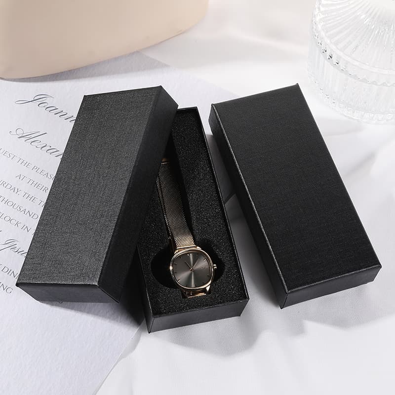 Premium black flip-top watch box, jewelry gift box with lid and top, wholesale cardboard gift box with inner tray.