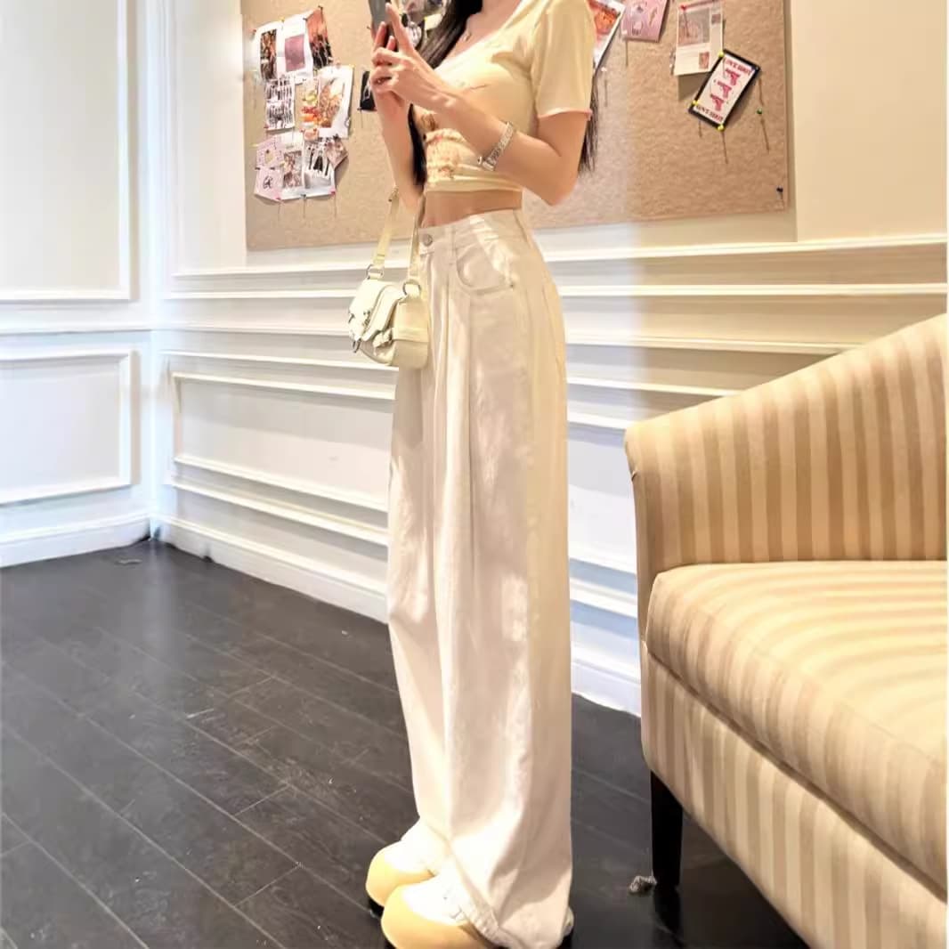White Pleated High-Waist Wide-Leg Jeans for Women 2024 Fall New Loose Fit Slimming Floor-Length Straight-Leg Pants