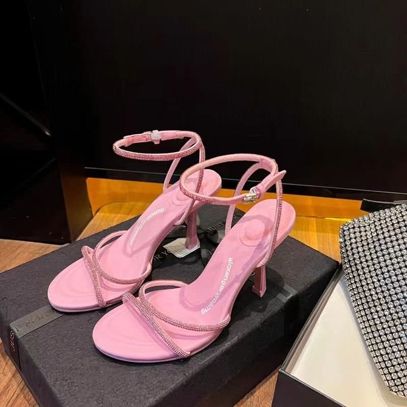 2026 Spring/Summer New Korean Style Round Toe Rhinestone Letter High Heels Sexy Open Toe Thin Heel One-Strap Sandals for Women