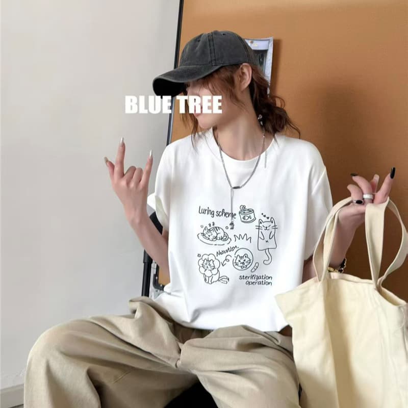 012 BLUE TREE Blue Tree Authentic Summer New High Quality Embroidered Women's Simple T-shirt Round Neck Small Shirt for Women