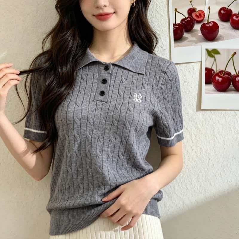Women's Preppy Polo Collar Knit Top, Summer Hemp Pattern Short Sleeve, Slim Fit, Flattering, Casual Versatile Blouse