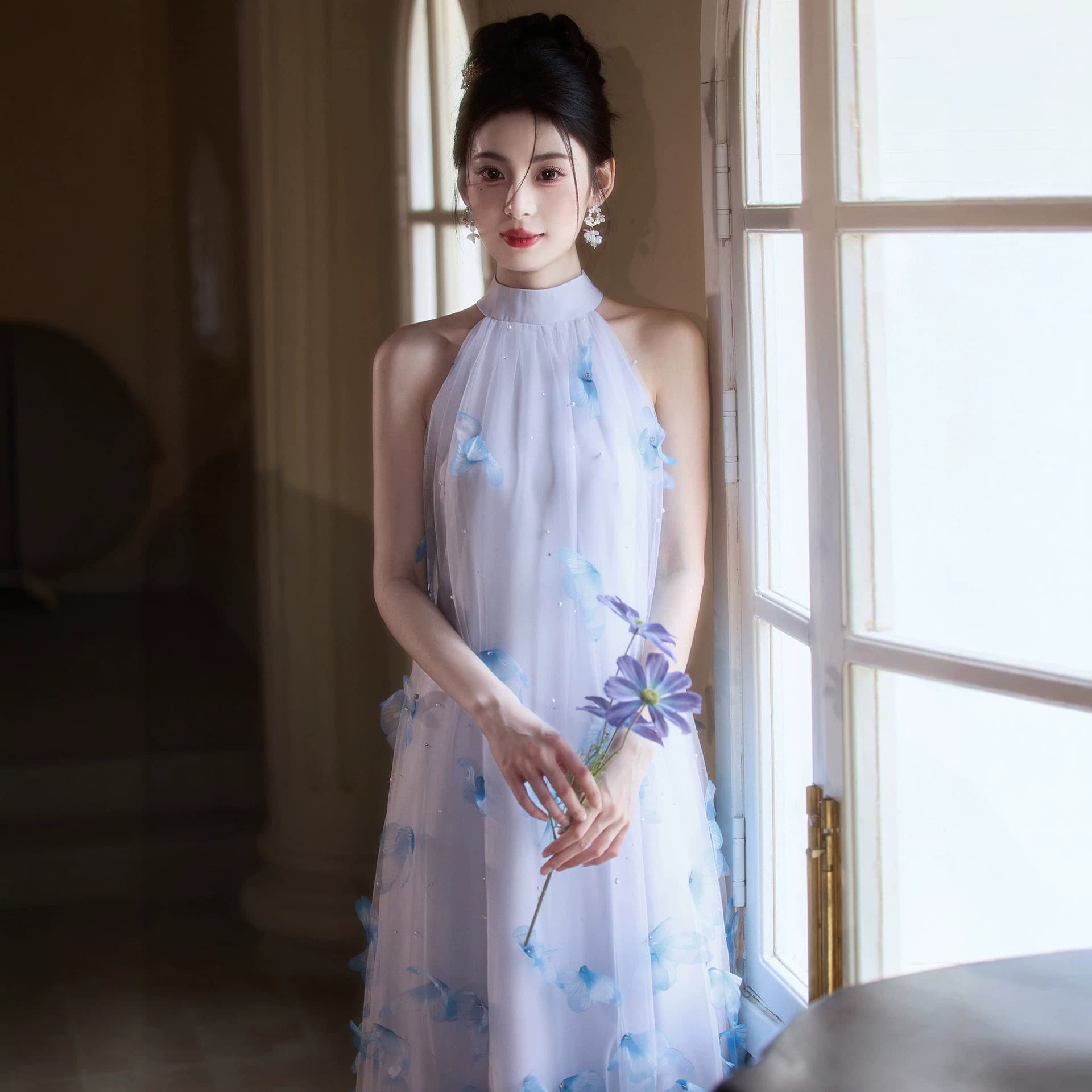 Blue French Evening Gown 2026 New High-End Fairy Art Exam Host Adult Ceremony Halter Neck Birthday Dress