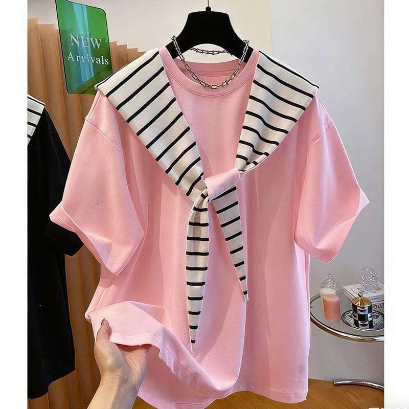 2026 Loose Fit Striped Shawl Hooded Short-Sleeve T-Shirt for Women, Casual Plus Size Youthful Pullover Top