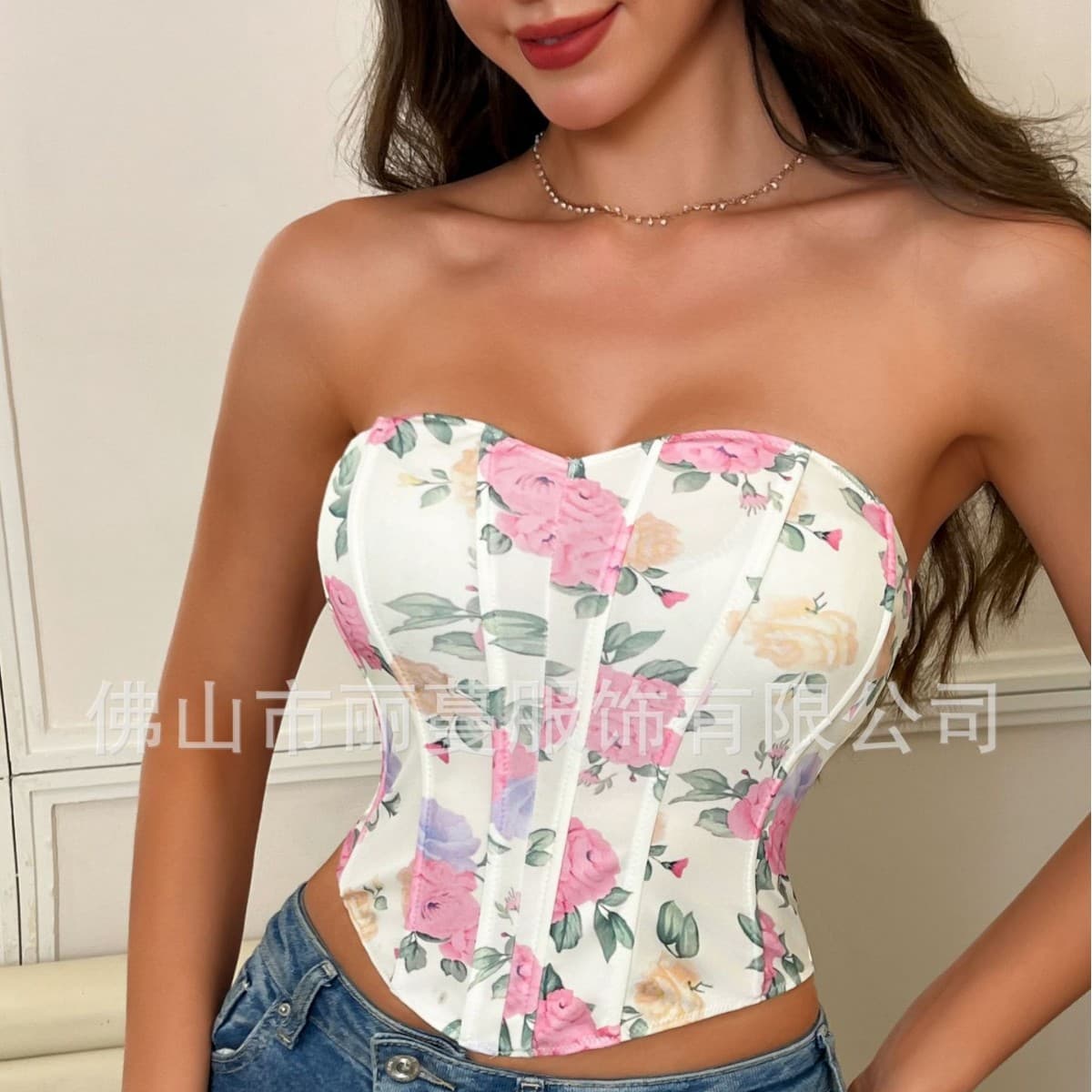 Sexy European And American Print Backless Strapless Crop Top Fishbone Waist Cinch Abdomen Receiving Small Vest for Women