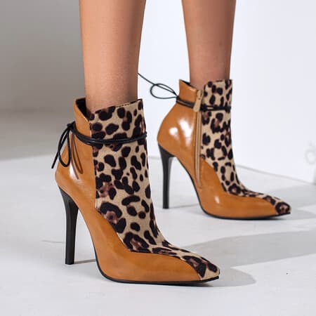 2022 Spring/Autumn Plus Size Women's Sexy Leopard Print Color-Block Lace-Up Stiletto Heel Pointed Toe Ankle Boots Wholesale
