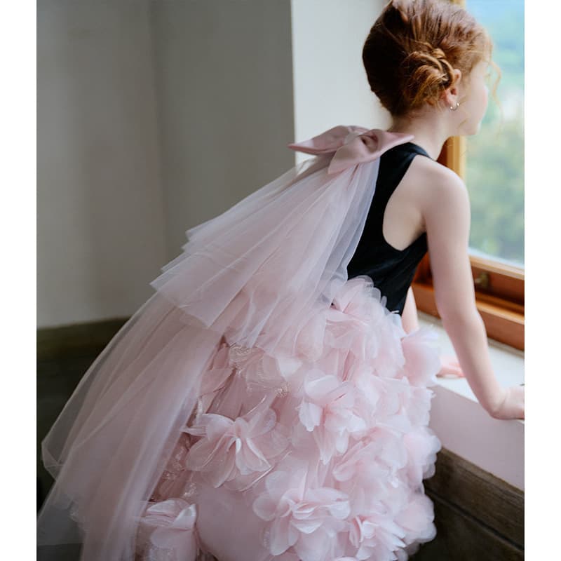 2026 New Pink Flower Children's Dress Girl Princess Tulle Tutu Dress Performance Birthday Party Gown