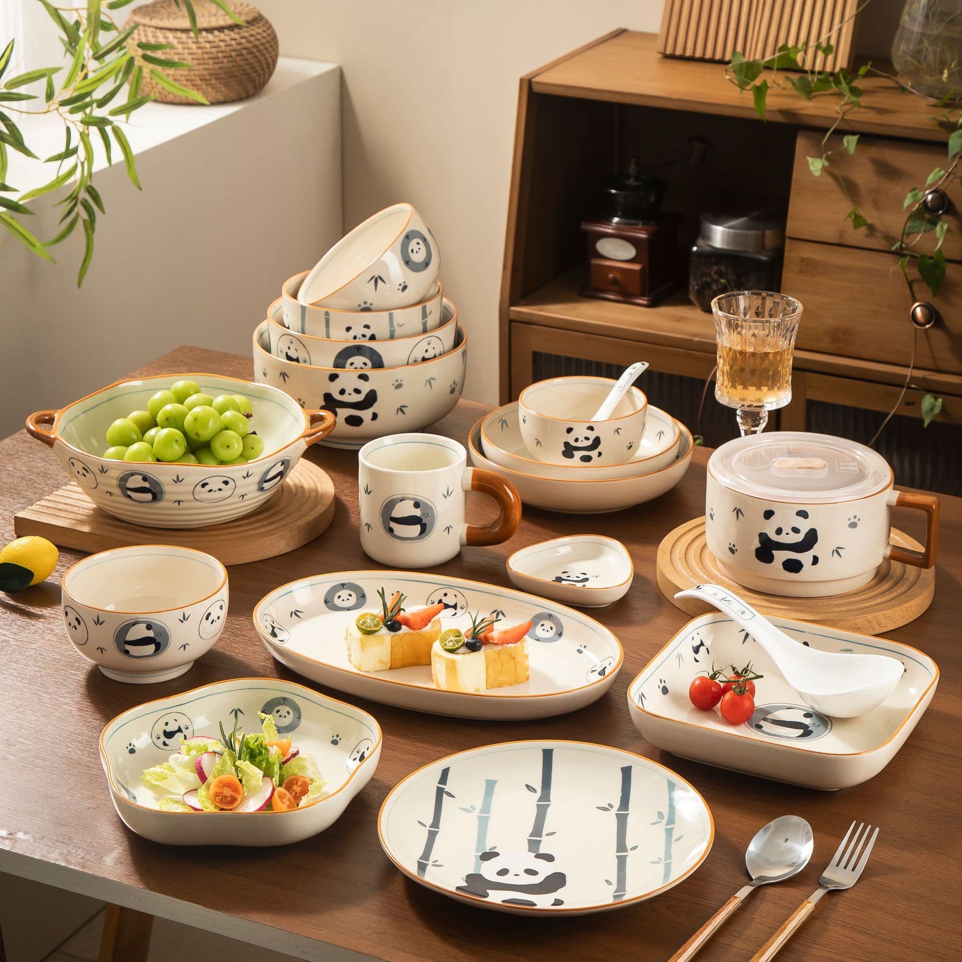 Vintage Blue and White Panda Ceramic Tableware Creative Gift High-Temperature Resistant Home Dinner Plate Rice Bowl Soup Bowl Serving Plate Wholesale