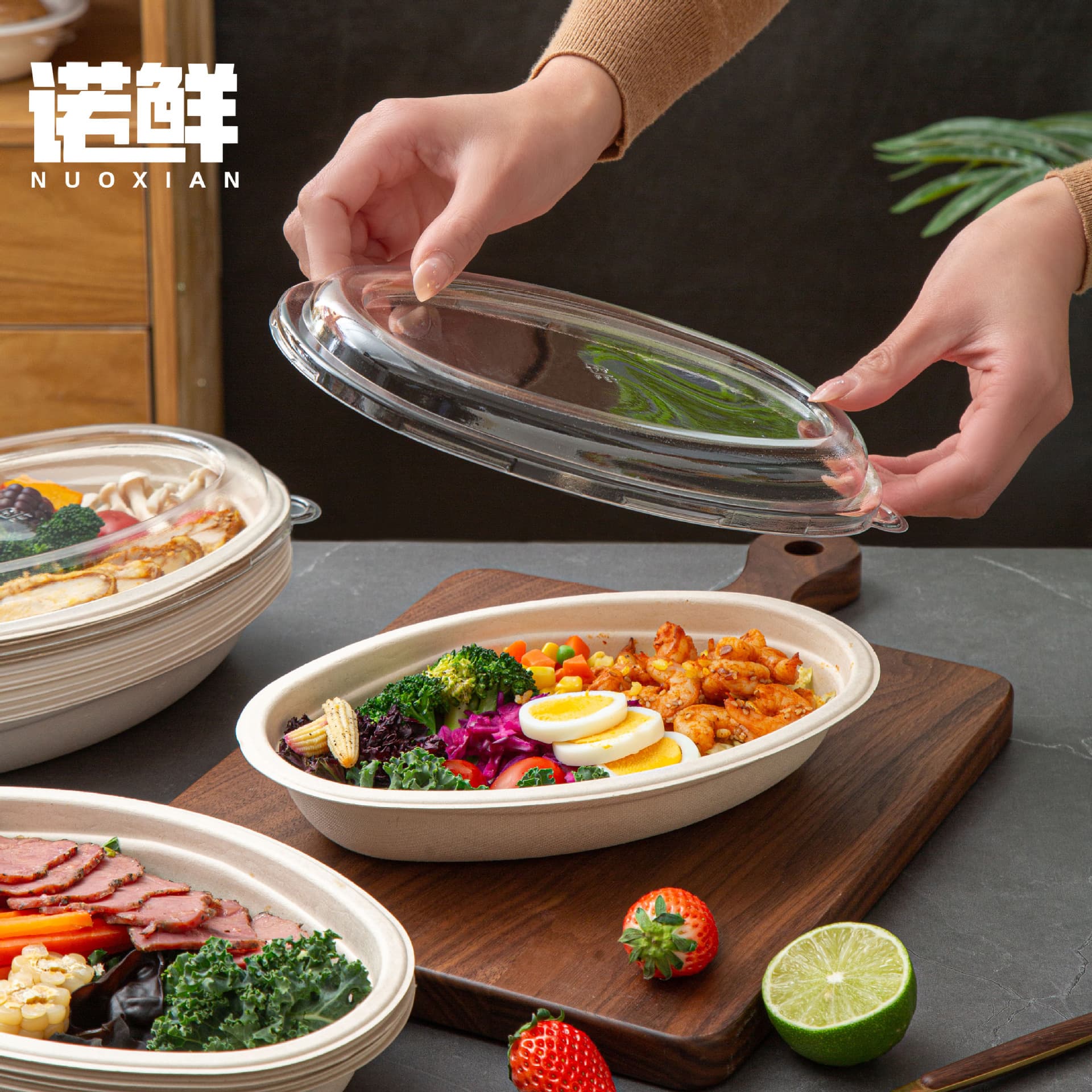 Disposable 800ml lightweight oval bowl, home use diet meal packaging, premium commercial pasta salad container.