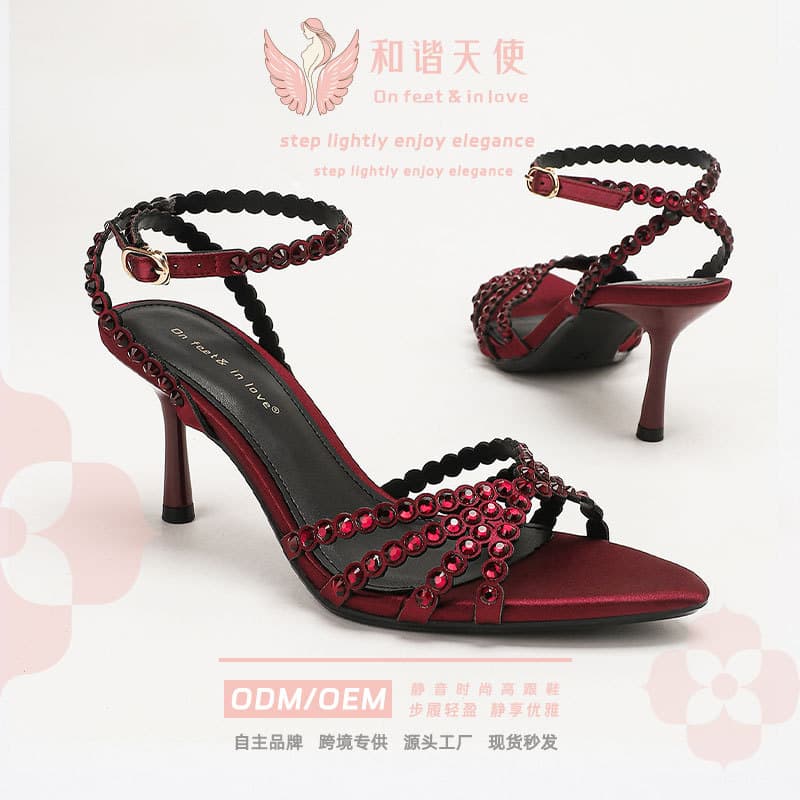 Silent High Heels Satin Rhinestone Sandals for Women Elegant Commute Banquet Long-Standing Non-Slip Breathable Thin Heel Women's Shoes