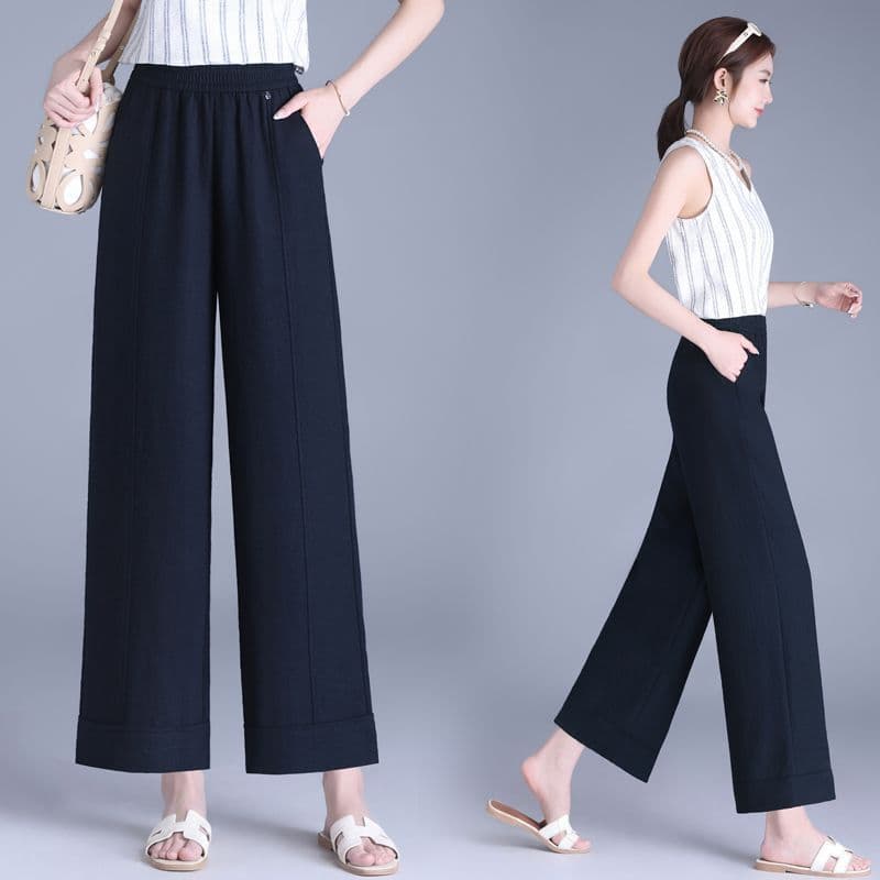 Navy Blue Wide-Leg Pants for Women High-Waist Cropped Straight-Leg Pants Summer Thin Style Loose Casual Trousers