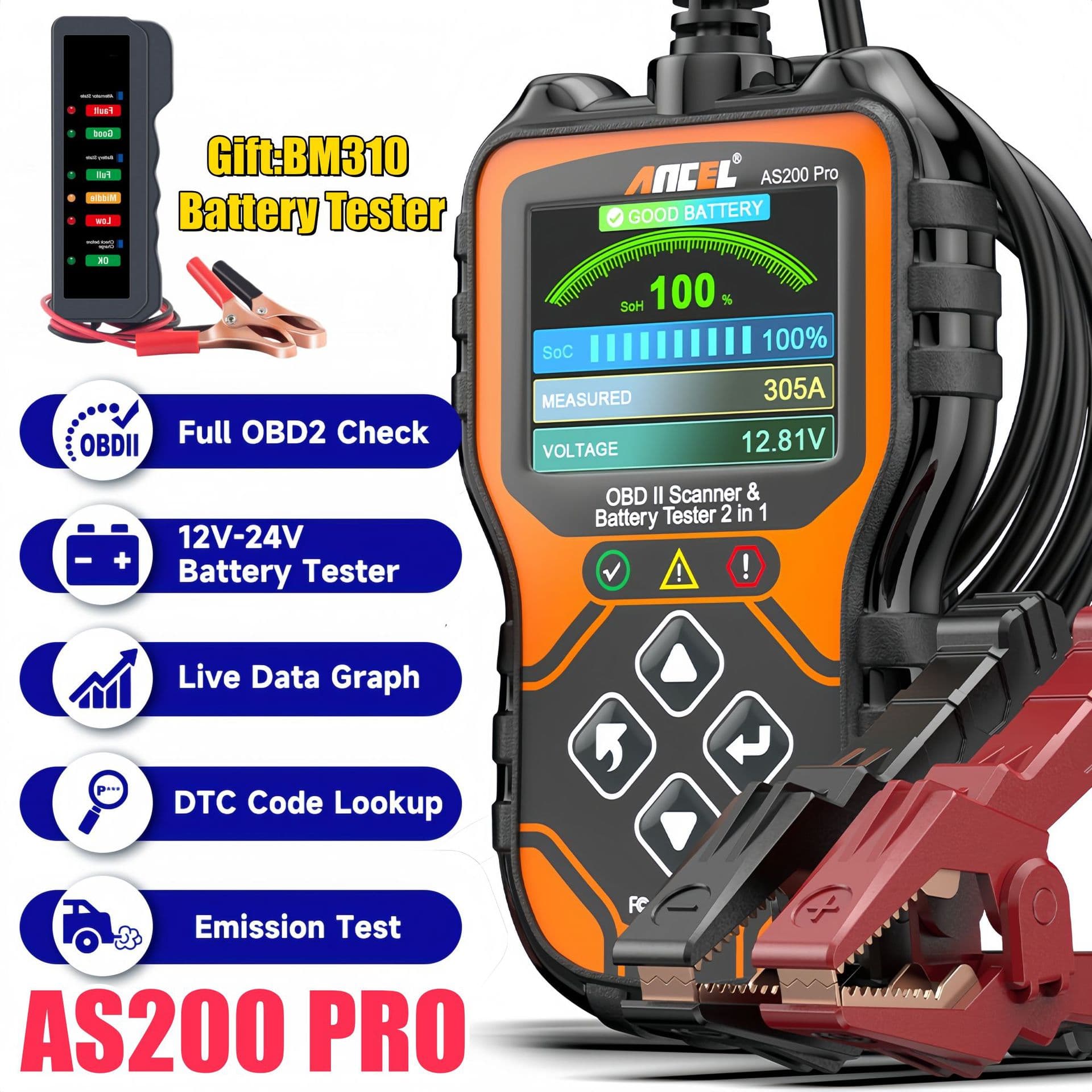 ANCEL AS200PRO WITH BONUS: BM310 OBD2 Scanner 2-in-1 Car Diagnostic Tool