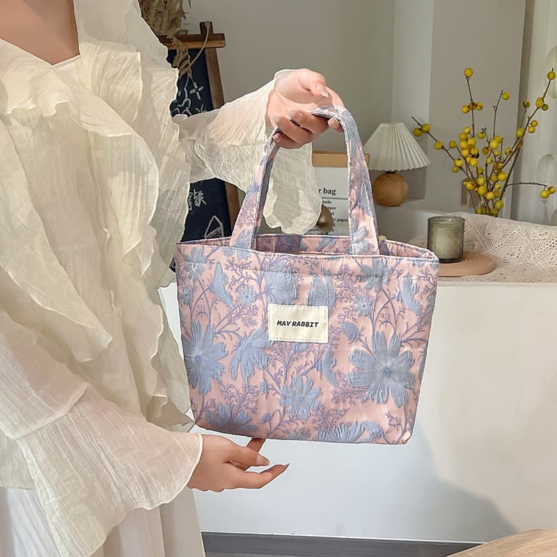 MAY RABBIT Japanese Retro Floral Large Capacity Bento Bag Women Canvas Handbag Tote Bag Fashion