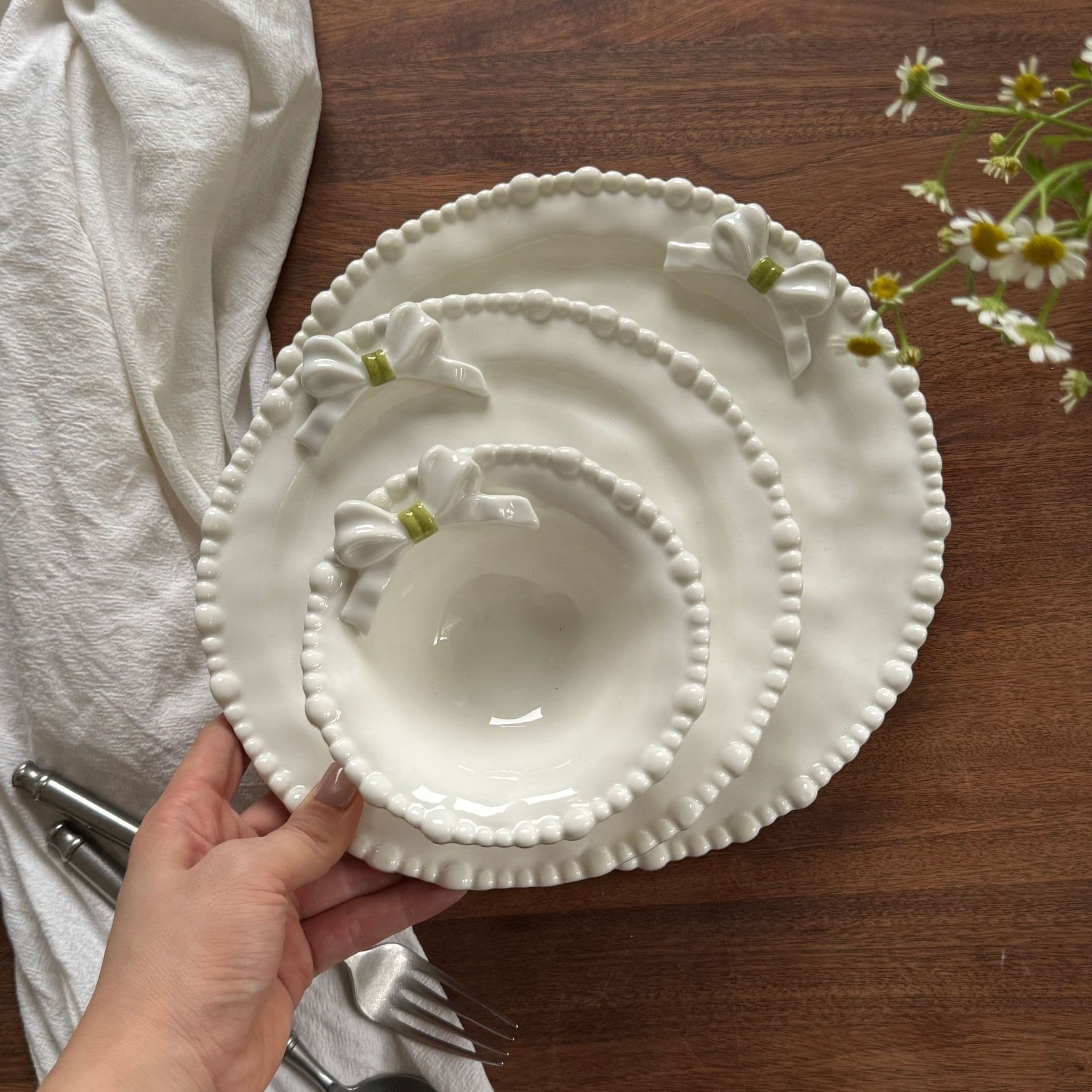 French Pearl Bow Ceramic Tableware Ceramic Plate Ceramic Bowl Dessert Plate Dinner Plate Cake Plate Fairy Plate Wholesale