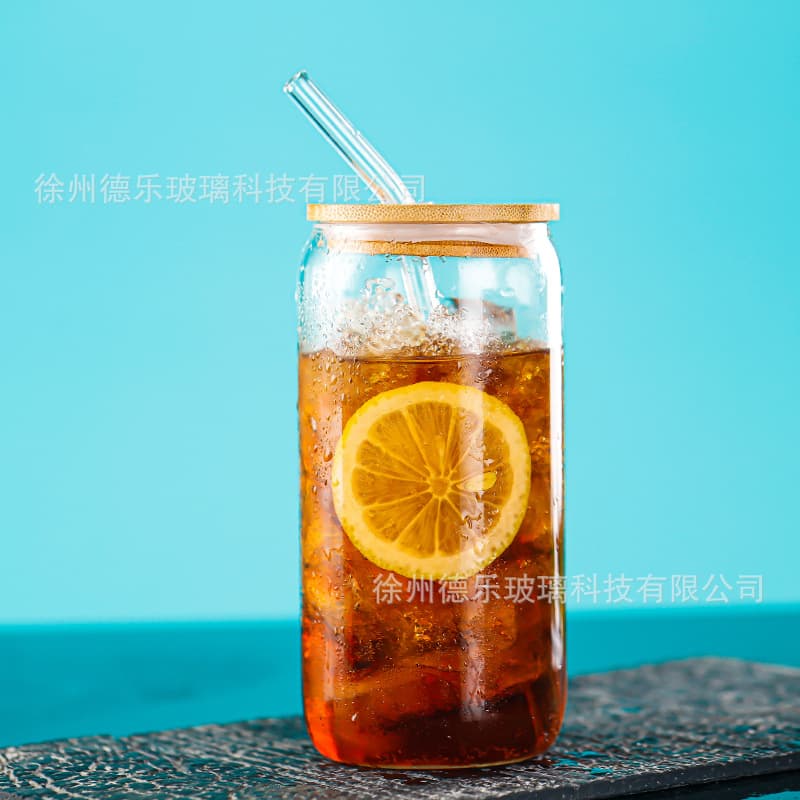 Wholesale 16oz Cola Cup Borosilicate Glass Mason Straw Cup Simple Clear Glass Water Cup with Bamboo Lid Straw