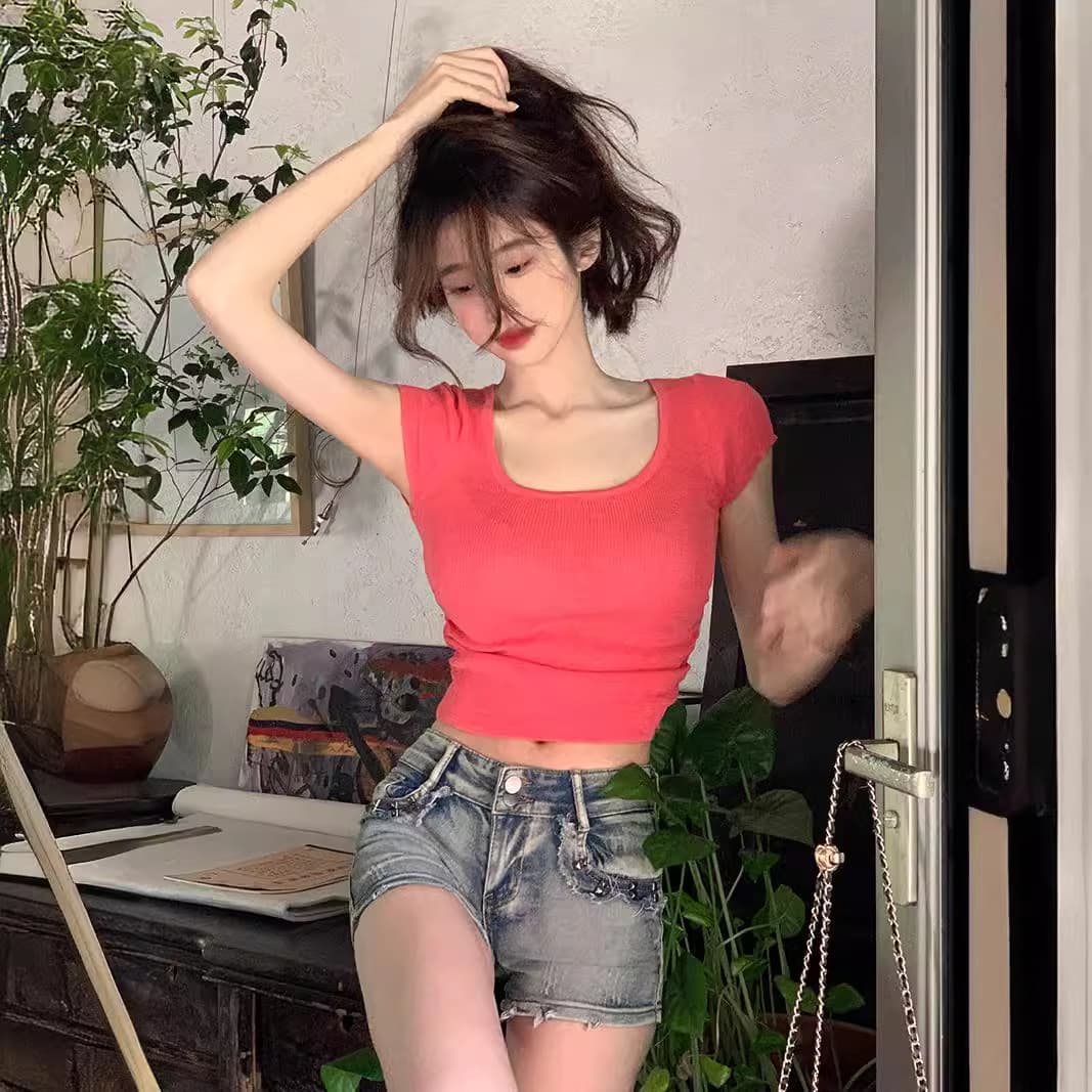 Actual photo of 6 wool short-sleeve knit tops Summer 2024 trendy short cropped solid color designed fitted round neck women's clothing