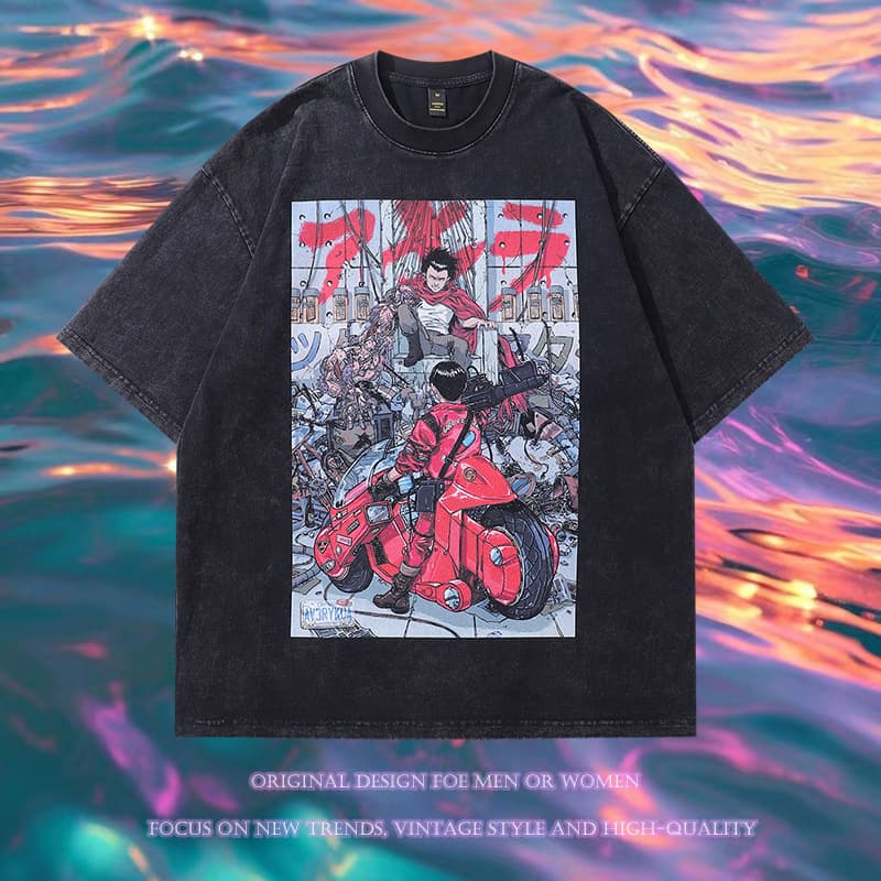 Streetwear Style Washed Short Sleeve T-shirt Unisex Street Hip Hop Half Sleeve Top Trendy Cartoon Print Cotton Round Neck T-shirt