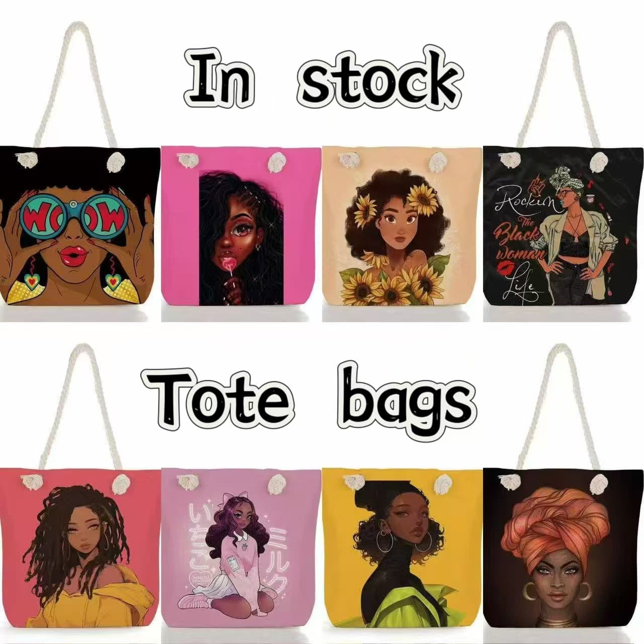 Tote bags in stock wholesale black beauty printed handbag new lightweight thick rope tote bag versatile beach bag