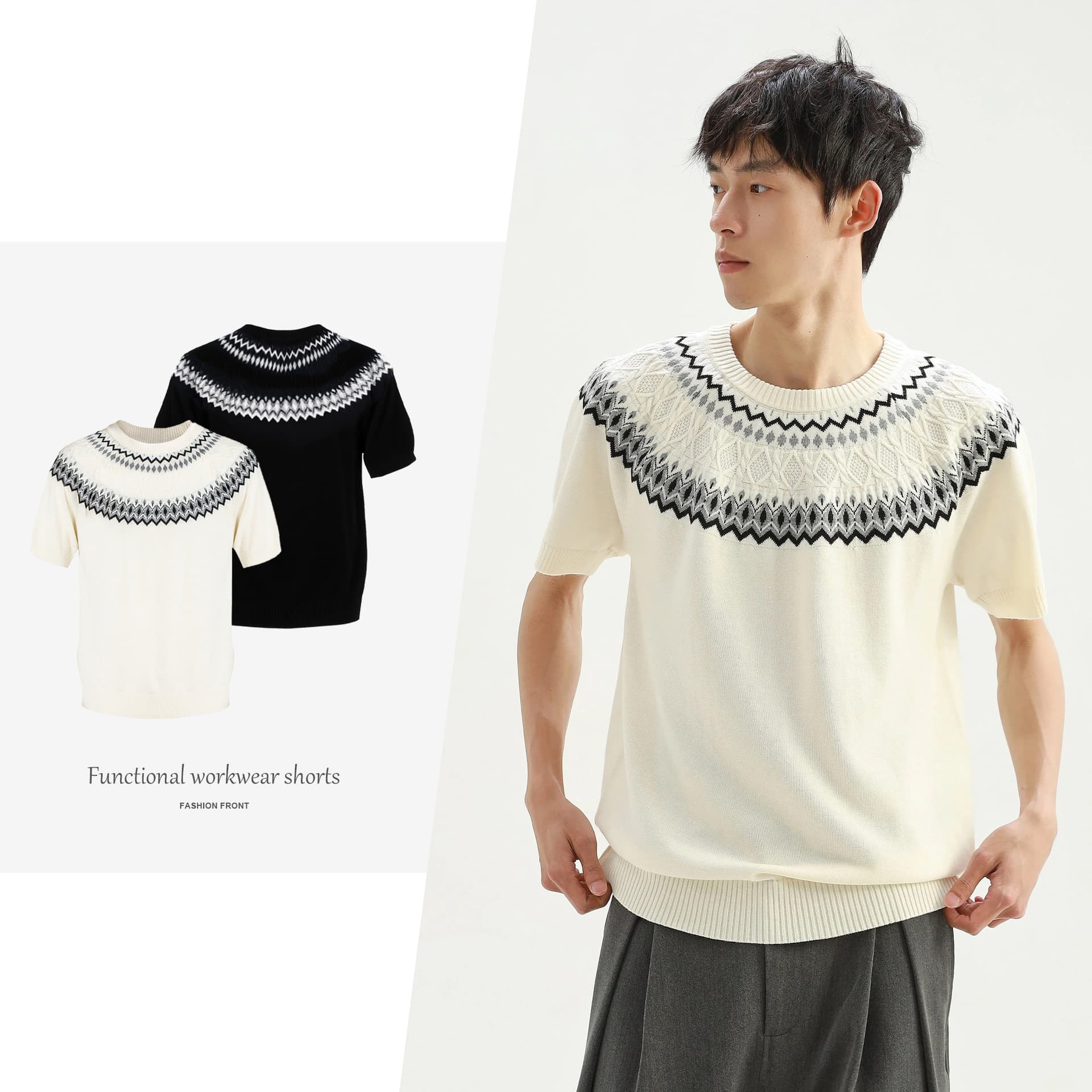 【CSMY】Stay the Night Fair Isle Knit Wool Blend Cool Touch Silk Crew Neck Raglan Short Sleeve