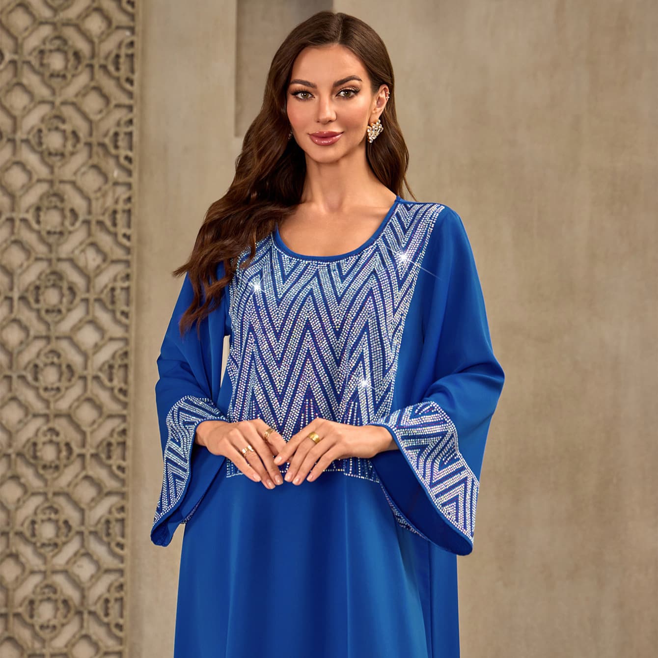 XQY500407 Cross-border Muslim Long Dress Round Neck Rhinestone Loose Dress