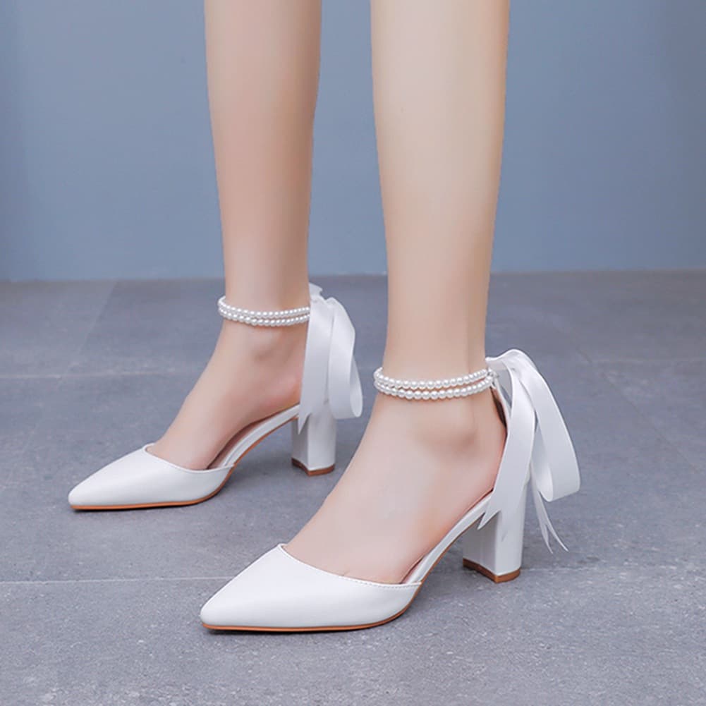 7cm Block Heel Pointed Toe Sandals, Ankle Strap Shallow Mouth Women's Sandals, White Beaded Wedding Bride High Heels, Large Size Shoes